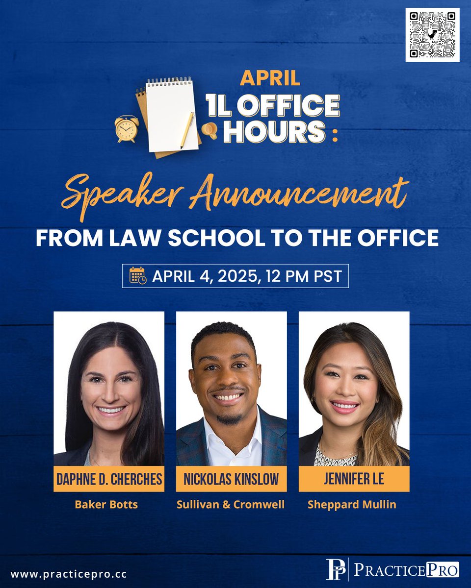 myPracticePro's tweet image. Join us this Friday, April 4th (12 PM PST) to learn how to excel as a #summerassociate.

✅ Office Culture &amp;amp; Norms
✅ Key Habits &amp;amp; Work Product
✅ Professional Communications Do’s &amp;amp; Don'ts
✅ Firm Social Events &amp;amp; Networking

Registration: bit.ly/1LOfficeHours
-
#preoci #legal