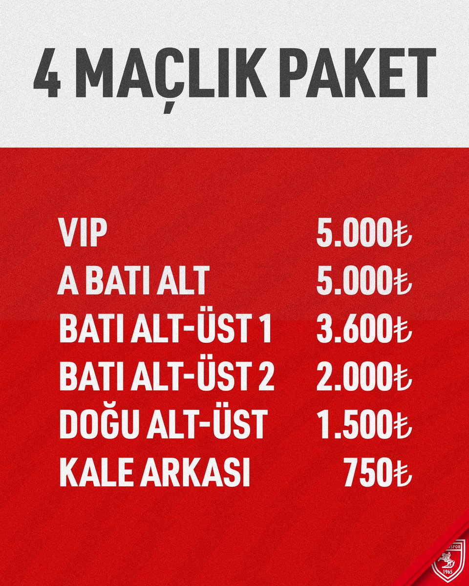 Samsunspor's tweet photo. 🔴⚪ Son 4 Maç İçin Tribündeki Yerini Ayırt! 🏟️🔥
Galatasaray A.Ş., İkas Eyüpspor, Net Global Sivasspor ve Bellona Kayserispor maçlarını kapsayan 4 maçlık paket bilet satışa çıkıyor! 🎟️
📅 Satış Başlangıcı: 2 Nisan Çarşamba Saat 11.00
📍 Satış Noktaları: Passolig Gişeleri & https://t.co/6ePztkfnTw
⚠ Sadece Samsunspor logolu Passolig kart sahiplerine özel!
ℹ️ Galatasaray A.Ş. maçı biletleri 7 Nisan’da satışta!
Detaylı bilgi için 👉
🔗 https://t.co/xUVIGeUwWN
