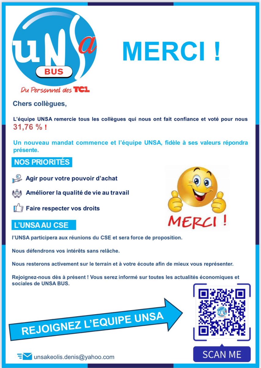 L’UNSA Transport félicite les équipes !
L’UNSA Transport adresse ses félicitations à toutes les équipes pour leur mobilisation et leur engagement. Grâce à votre confiance, nous avons obtenu 31,76 % des voix.                              Bravo et merci à tous !