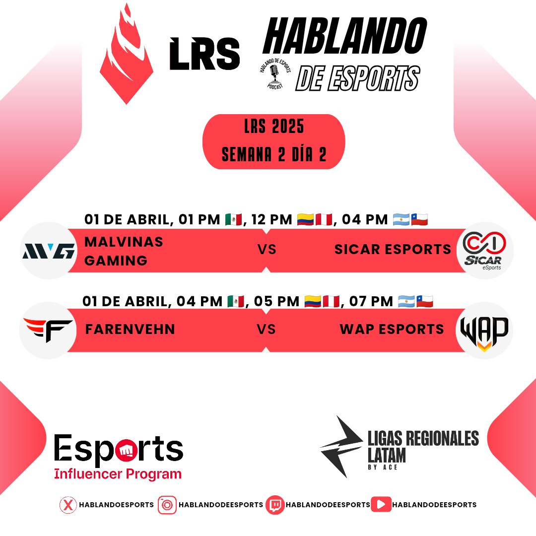 HablandoEsports's tweet photo. LRS 2025
Día 2 de la segunda semana de la LRS y aquí esta la jornada para el día de hoy
@malvinas_gaming vs @SicarEsports
@Farenvehn vs @WAPEsports
#LRS #EIP #VamosMalvinas #VamosSicar #HastaQueCaigaElCielo #DaleWAP #LeagueOfLegends #Esports https://t.co/IXk1xpwFdt