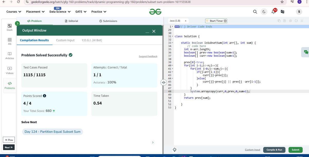 Day 123/160 of #geekstreak2024 by
<a href="/geeksforgeek/">GeeksForGeek</a>

Question :Subset Sum Problem #geekstreak2024 #womenintech