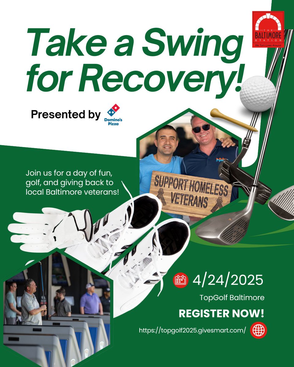 Take a Swing for Recovery is back—presented by @Dominos! Join us at @TopGolf Baltimore on April 24, 1-4 PM for a day of golf, #GivingBack, &amp; supporting #veterans at The Station. Your swing helps veterans overcome homelessness &amp; addiction. Register now: topgolf2025.givesmart.com