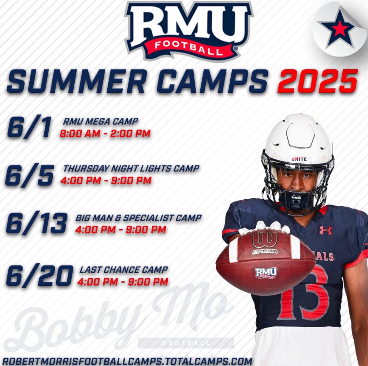 TankSmithRMU's tweet image. Camp season coming up! Want to see some DUDES this summer!

 @RMU_Football Camp dates have been set 🔴⚪️🔵:

June 1️⃣ - Mega Camp 
June 5️⃣ - Thursday Night Lights
June 1️⃣3️⃣ - Big Man / Specialist Camp
June 2️⃣0️⃣ - Last Chance Camp

🔗 rb.gy/aydlid

#RMUFB | #PushNPull