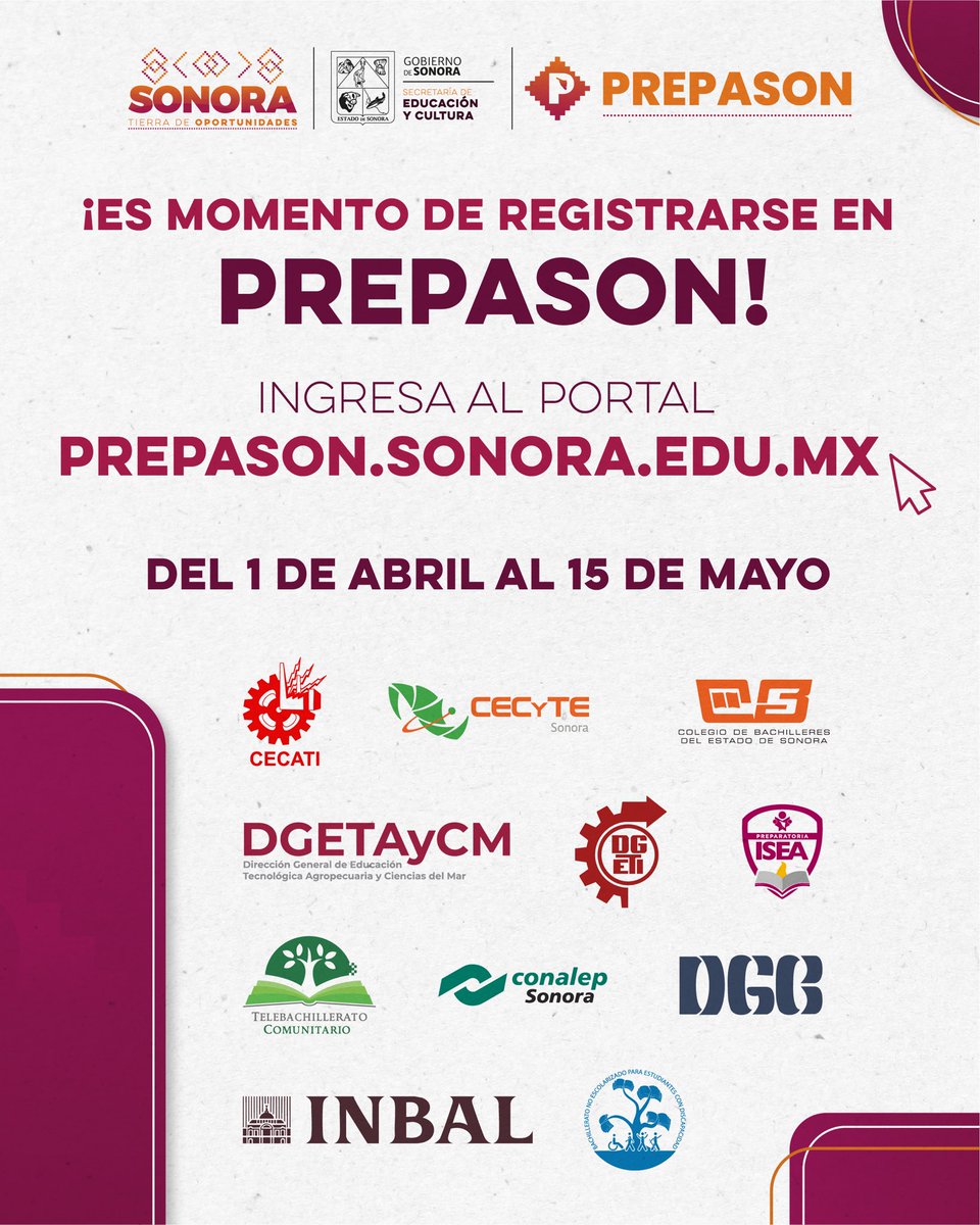 🟠 ¿Vas a ingresar a la preparatoria? 
¡Es tu momento! En #Prepason, encontrarás una gran oferta educativa para continuar con tus estudios. 
🗓️ Del 1 de abril hasta el 15 de mayo
💻 Regístrate en línea: prepason.sonora.edu.mx

Recuerda que la asignación será por promedio de