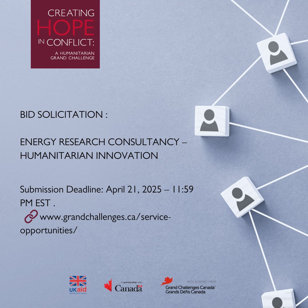 HumanitarianGC's tweet image. 🛑 we are seeking an #Energy #Research #consultant for the Humanitarian Innovation Portfolio to explore innovative energy solutions for crisis-affected communities. Learn more & apply 👉grandchallenges.ca/service-opport…
