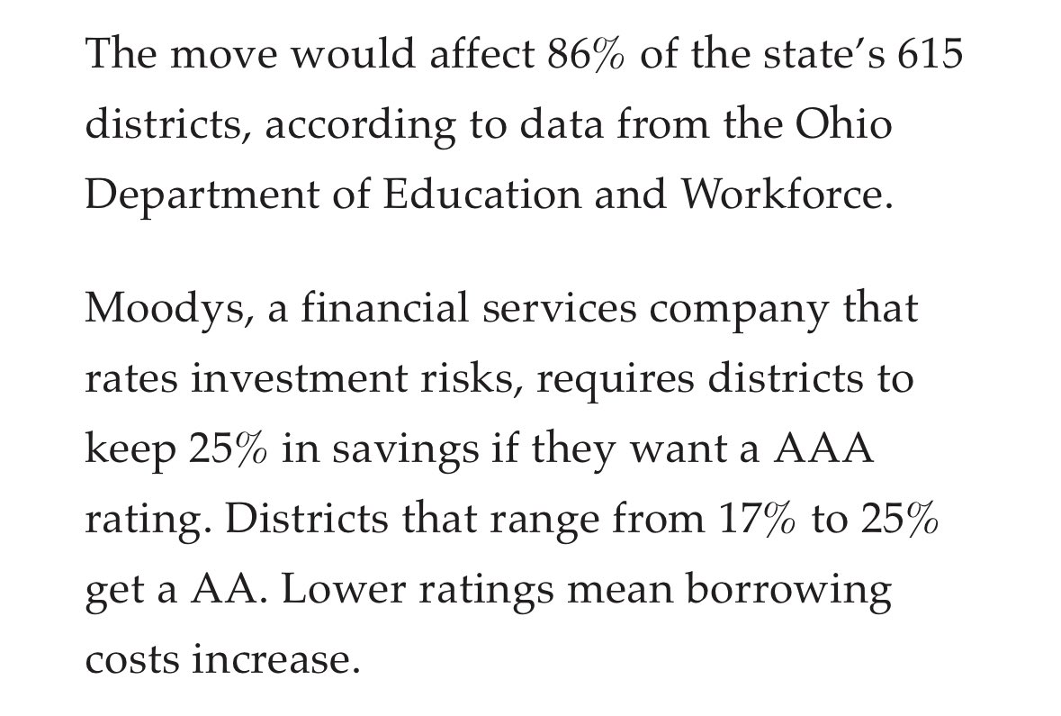 Russo4Ohio's tweet photo. This requirement forces districts to keep less than recommended reserves on hand, become ineligible for a AAA bond rating, and pay more in borrowing costs. That’s not property tax relief. https://t.co/4ljxP7UEhe