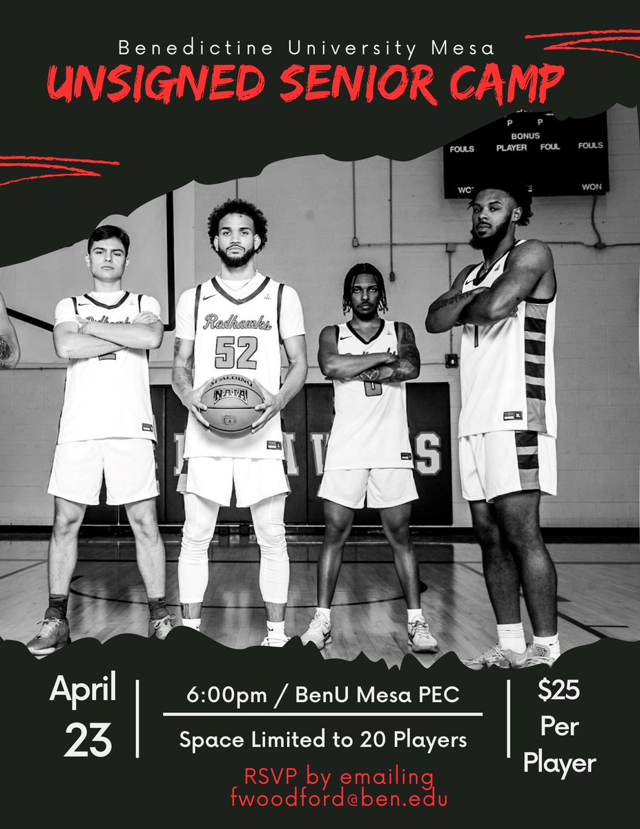 BenU Mesa Men’s Basketball (@benumbb) on Twitter photo 🚨We are hosting an unsigned senior workout for class of 2025. 🚨
📆: April 23
⏰: 6:00pm
- Limited to first 20 players -
$25 per player fee
Email fwoodford@ben.edu to RSVP 🚨We are hosting an unsigned senior workout for class of 2025. 🚨
📆: April 23
⏰: 6:00pm
- Limited to first 20 players -
$25 per player fee
Email fwoodford@ben.edu to RSVP