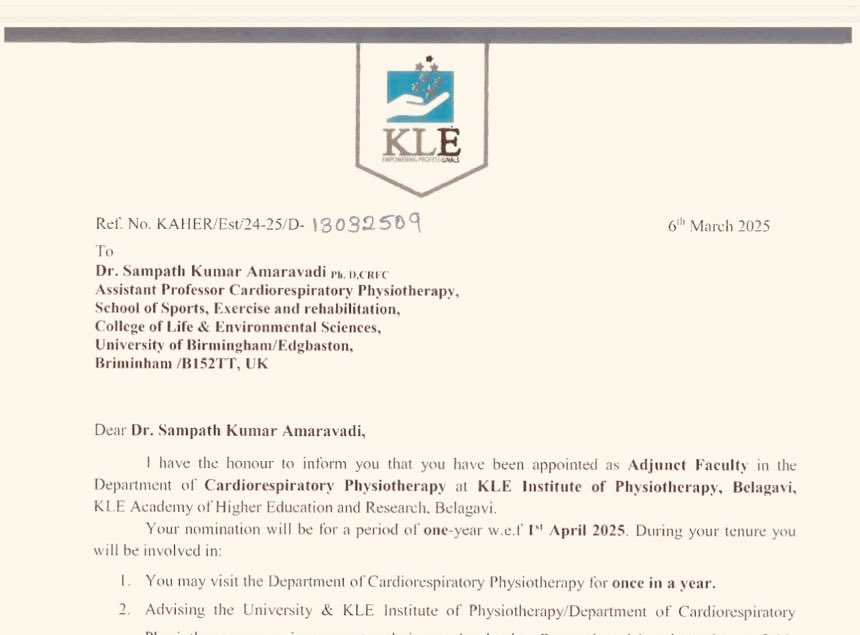 Excited to be appointed Adjunct Faculty at KLE Institute of Physiotherapy, Belagavi!
Honoured to contribute to teaching, research &amp; collaboration in cardiorespiratory physio.
#Physiotherapy #AdjunctFaculty #KLE