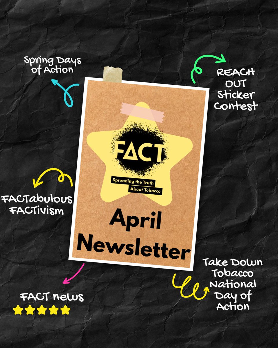 The FACT April Newsletter is here! Check out information on our ongoing REACH OUT Sticker Design Contest, current FACT News, and how to get involved with today's Take Down Tobacco National Day of Action! - mailchi.mp/8782ce29ac9c/f…