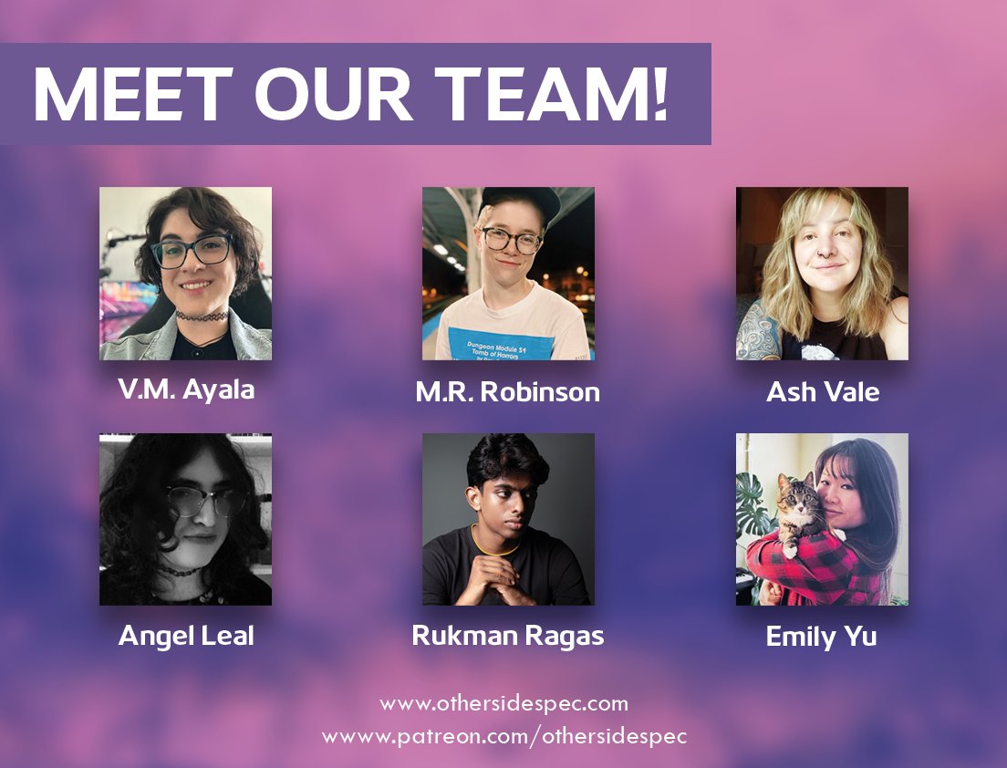 othersidespec's tweet photo. Now that we’ve launched OTHERSIDE, it’s time to highlight our amazing team! We’re a speculative magazine for queer writers, so it was important to us that our team be queer-led as well. In this thread, learn about us—and the kinds of submissions we hope to see next year: https://t.co/x8BrYIX6ZF