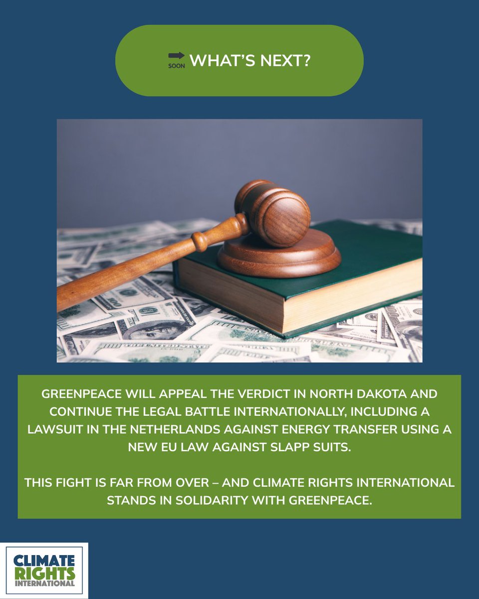 ClimateRights's tweet image. Big Oil is trying to silence dissent. A U.S. jury ruled Greenpeace must pay over $660 million in a lawsuit brought by Energy Transfer over the #NoDAPL protests—an alarming attack on free speech.

This case is part of a growing trend of corporations weaponizing the courts to crush…