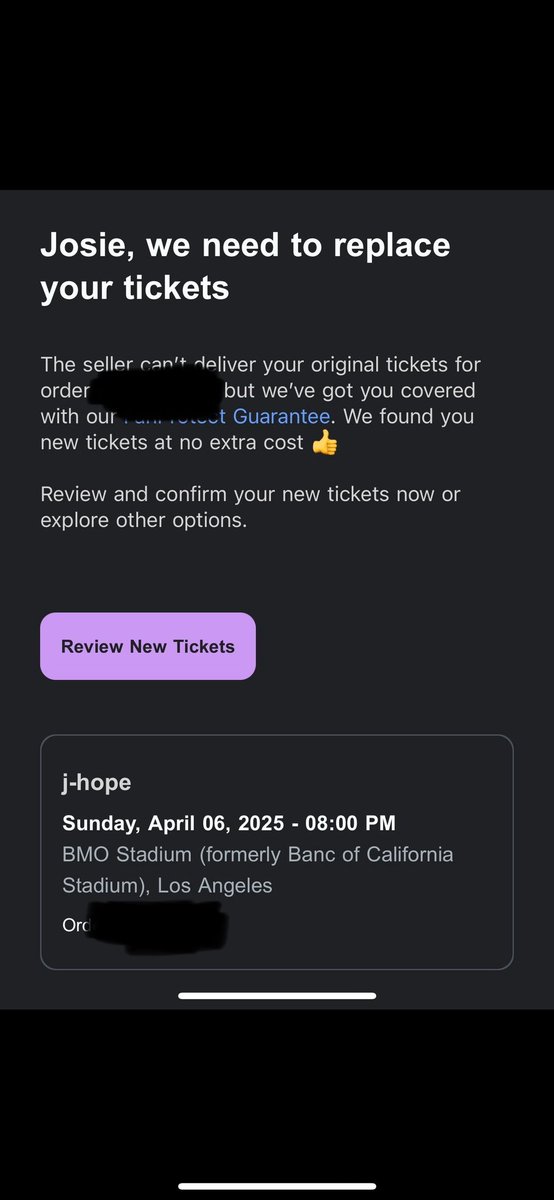 maybejosiee's tweet photo. VERY FRUSTRATED WITH @StubHub RIGHT NOW 😤 my original email said tickets would be given to me day of the concert and now it’s saying they need to be replaced but give me no other option but a refund??? Already had everything planned to see JHope on Sunday! https://t.co/lYlqFoYM43