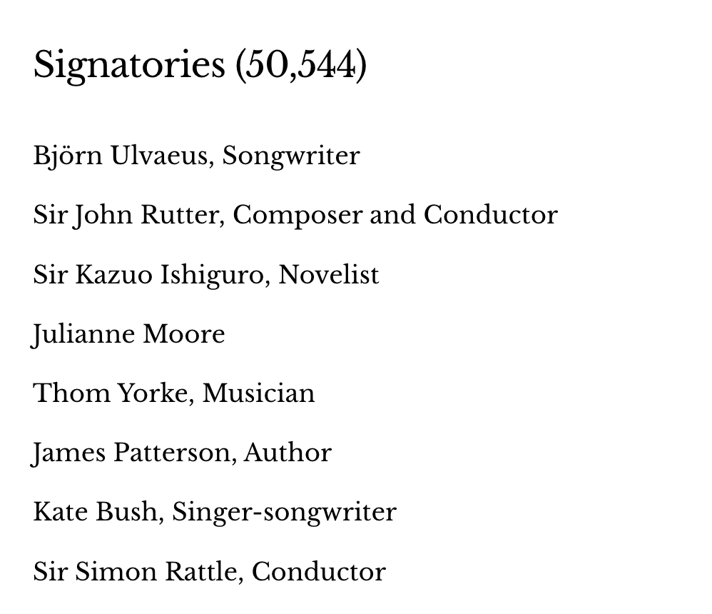 ednewtonrex's tweet photo. Update: *50,000* people have now signed the Statement on AI Training, which says unlicensed gen AI training on creative works "must not be permitted".

Creators are united in opposing exploitative generative AI.

(Still open for signatures ⬇️)

https://t.co/fvwC9tuUCD