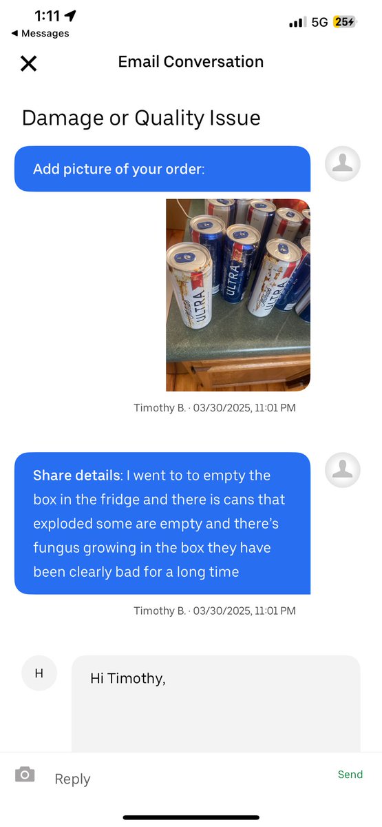 teejboyd's tweet photo. @UberEats so I ordered a case of beer, the beers arrived exploded in the box, and you say I’m not eligible for a refund.. 
I just became an uber one member and 2/3 first orders were messed up and deemed non refundable. 
The beer was skunked and these cans look corroded. https://t.co/VFP7XcZ3rb