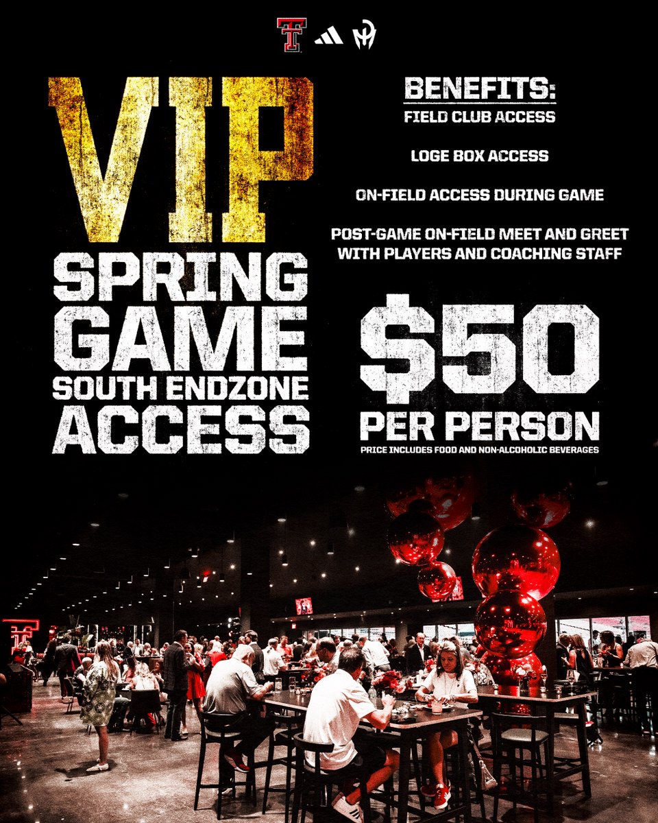 Red Raider Club (@redraiderclub) on Twitter photo Excited to offer a new way to experience the <a href="/TexasTechFB/">Texas Tech Football</a> spring game! No joke 😎
Red Raider Club members, check your email for early access to our new Spring Game SEZ VIP Tickets!
This exclusive RRC member sale ends tomorrow, April 2nd. Excited to offer a new way to experience the <a href="/TexasTechFB/">Texas Tech Football</a> spring game! No joke 😎
Red Raider Club members, check your email for early access to our new Spring Game SEZ VIP Tickets!
This exclusive RRC member sale ends tomorrow, April 2nd.
