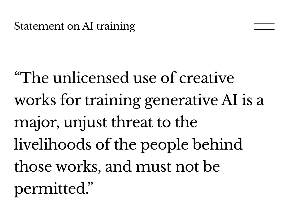 ednewtonrex's tweet photo. Update: *50,000* people have now signed the Statement on AI Training, which says unlicensed gen AI training on creative works "must not be permitted".

Creators are united in opposing exploitative generative AI.

(Still open for signatures ⬇️)

https://t.co/fvwC9tuUCD