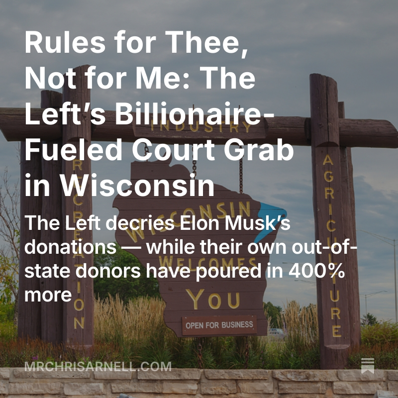 MrChrisArnell's tweet photo. @EricLDaugh Elon’s $1M stunt got headlines.
But the Left quietly poured in 4x more from out-of-state.
🤫 https://t.co/Zl3FdElINc
#WISupremeCourt #CourtCapture #DarkMoneyWI https://t.co/IyVlKgnn7j