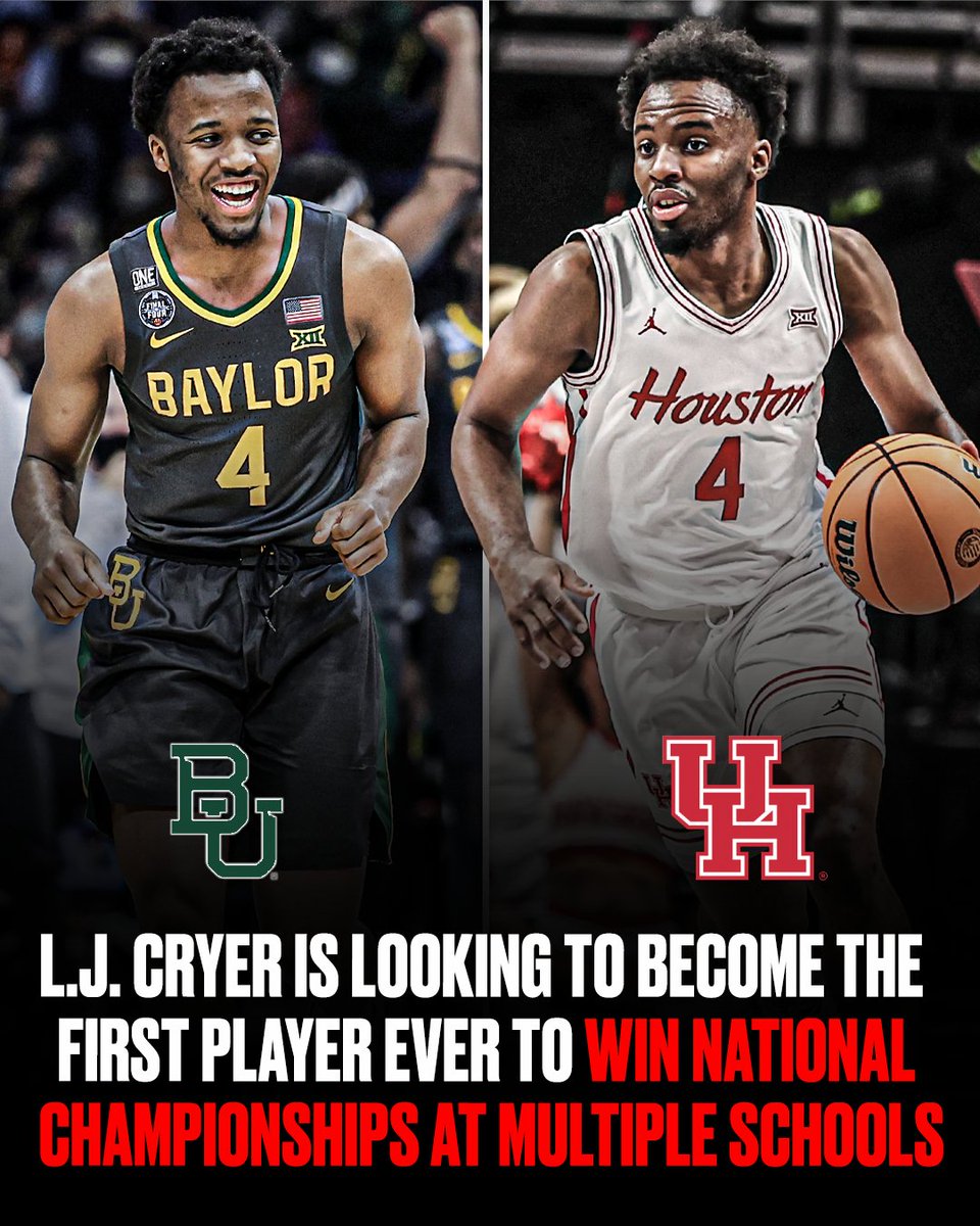 Houston's L.J. Cryer is looking to do what has never been done in the history of men's D-I college basketball 😳 

After winning the NCAA championship in 2021 with Baylor, Cryer is now two games away from hoisting his second NCAA title 👀