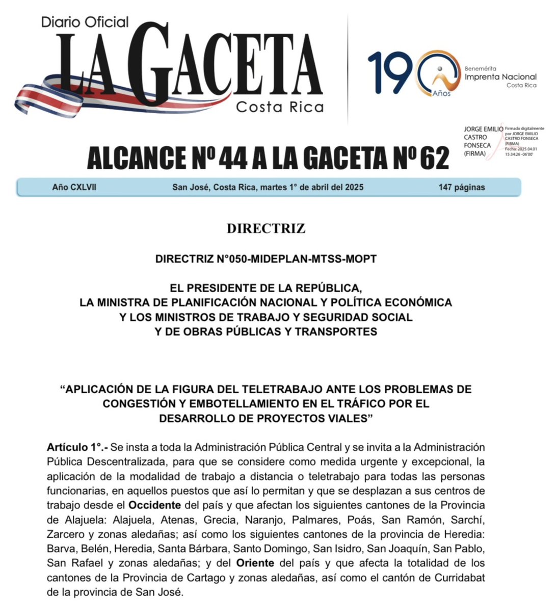 Gobierno prorroga hasta fin de año directriz para dar teletrabajo a empleados públicos de Cartago y otras partes del país.