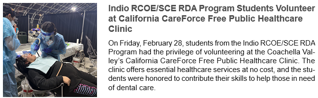 Students from the <a href="/riversidesce/">Riverside County SCE</a> program volunteered at the #Coachella Valley CareForce Free Public Healthcare Clinic on Feb. 28, 2025. The students provided valuable assistance to #DentalCare clinicians. <a href="/otan/">otan</a> #dentalassistant <a href="/AmerDentalAssn/">ADA</a> <a href="/CaliforniaCTE/">California CTE</a> <a href="/COE/">Council of Europe</a> <a href="/CouncilonOccEd/">Council on Occupational Education</a>