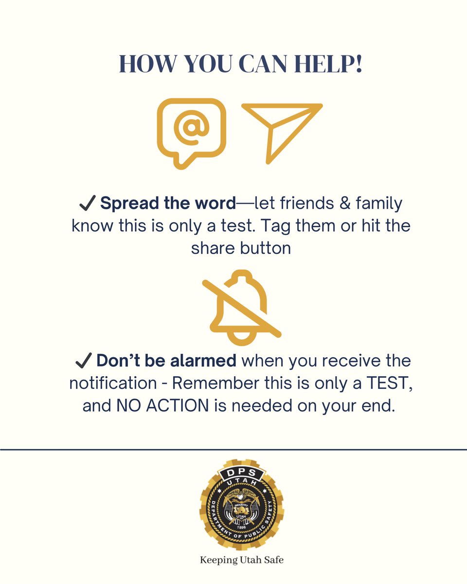 The Utah Department of Public Safety will conduct a statewide TEST of the AMBER Alert system.

Here is what you can expect and how to help spread the word.

Learn more about the AMBER alert system at bci.utah.gov/utah-amber-ale….