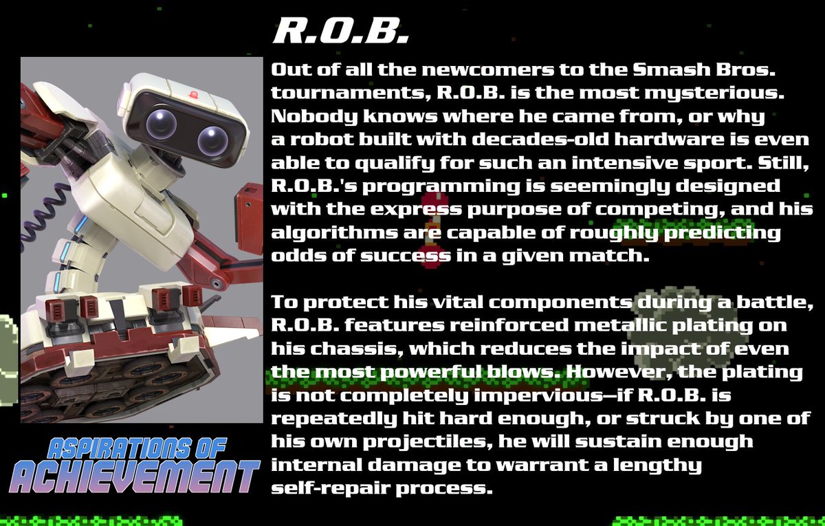 One more day, one more bio! The final newcomer to be introduced in Aspirations of Achievement is none other than R.O.B.! 🤖

#SmashBros #NintendoSwitch #Machinima