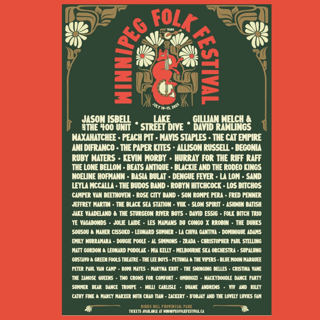 So excited and honored to a part of <a href="/Winnipegfolk/">Winnipeg Folk Fest</a>’s 50th year alongside this insane lineup. 🪕

See y’all there July 10-13! 🙌

#folkfesthappy #folkfest50