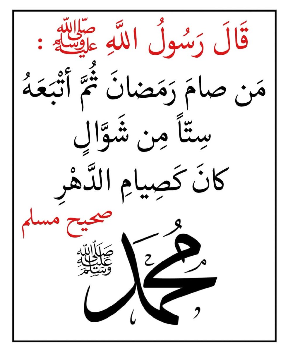 قال رسولَ اللَّهِ ﷺ :
" مَنْ صَامَ رَمَضَانَ، ثُمَّ أَتْبَعَهُ بِسِتٍّ مِنْ شَوَّالٍ، فَكَأَنَّمَا صَامَ الدَّهْرَ ". 
رواهُ مُسْلِمٌ 
وصيام الست من شوال يكون في أوله أو في وسطه أو في آخره، أو كان صيام أيامه متفرقة أو متتابعة
#مجتمع
#اسطول_زعماء_تويتر