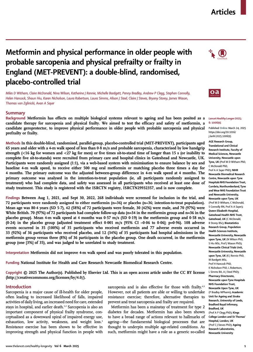 Giuseppe Maltese (@docmaltese) on Twitter photo Metformin, a potential anti-ageing drug, did not improve walking speed in older adults w/ probable sarcopenia & frailty.
The MET-PREVENT trial found no benefit & higher adverse events with metformin vs placebo.
via <a href="/LancetLongevity/">The Lancet Healthy Longevity</a>
<a href="/drandyclegg/">Andrew Clegg</a> <a href="/NirBarzilaiMD/">Nir Barzilai</a> <a href="/kamleshkhunti/">Prof Kamlesh Khunti</a> Metformin, a potential anti-ageing drug, did not improve walking speed in older adults w/ probable sarcopenia & frailty.
The MET-PREVENT trial found no benefit & higher adverse events with metformin vs placebo.
via <a href="/LancetLongevity/">The Lancet Healthy Longevity</a>
<a href="/drandyclegg/">Andrew Clegg</a> <a href="/NirBarzilaiMD/">Nir Barzilai</a> <a href="/kamleshkhunti/">Prof Kamlesh Khunti</a>