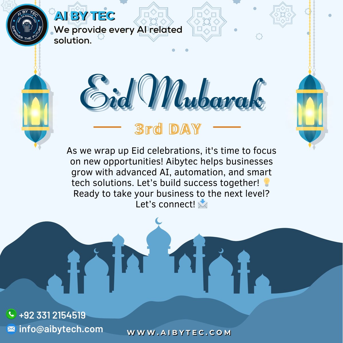 AI_BY_TEC's tweet image. As we wrap up Eid celebrations, it's time to focus on new opportunities!
#EidCelebrations #AIForBusiness #SmartTechSolutions #BusinessGrowth #AutomationInnovation #SuccessTogether #NextLevelBusiness #TechForGrowth #AIInBusiness #OpportunityAwaits