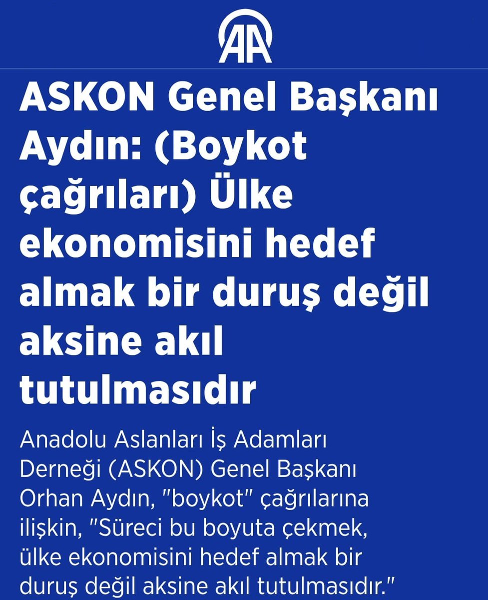 ASKON Genel Başkanımız Orhan Aydın:

"(Boykot çağrıları) Bu tip çağrılar sadece insanları bölmek, kendi taraftarlarını marjinalleştirmek için kullanılan bir argümandır. Halkımız da sağduyusu ile bunu boşa çıkaracaktır."

#BoykotDeğilMilliZarar