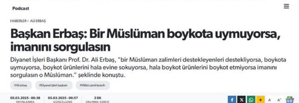 Of of of şu açıklamaya bakın. Sayın devlet yetkililerimizden boykot yapmayanları imansızlıkla suçlayan Diyanet İşleri Başkanı Ali Erbaş hakkında soruşturma açmasını bekliyoruz.