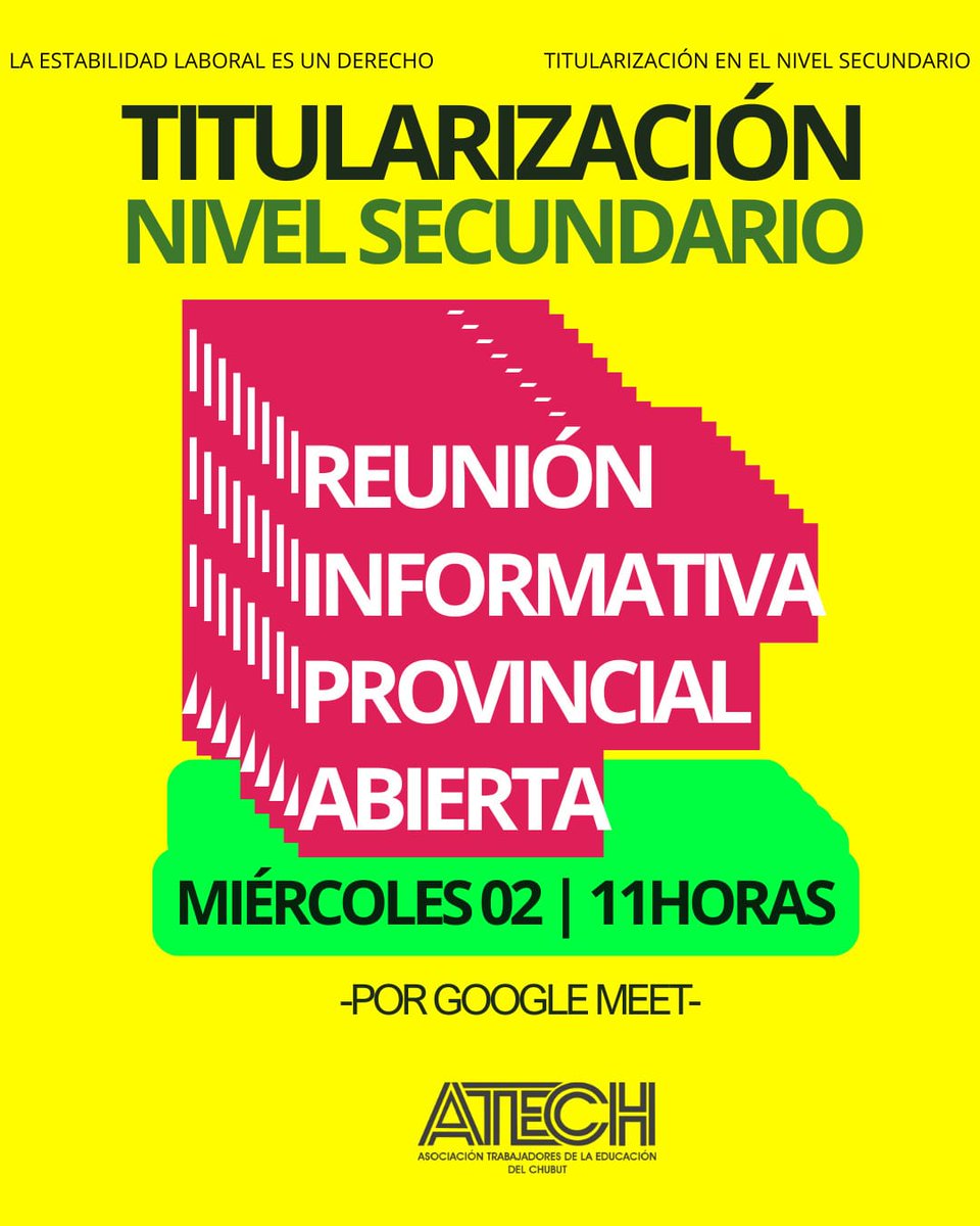 TITULARIZACIÓN NIVEL SECUNDARIO

Reunión informativa Provincial abierta

Miércoles 02 de abril - 11hs
  
Enlace de la reunión:
meet.google.com/tqv-edpe-reo