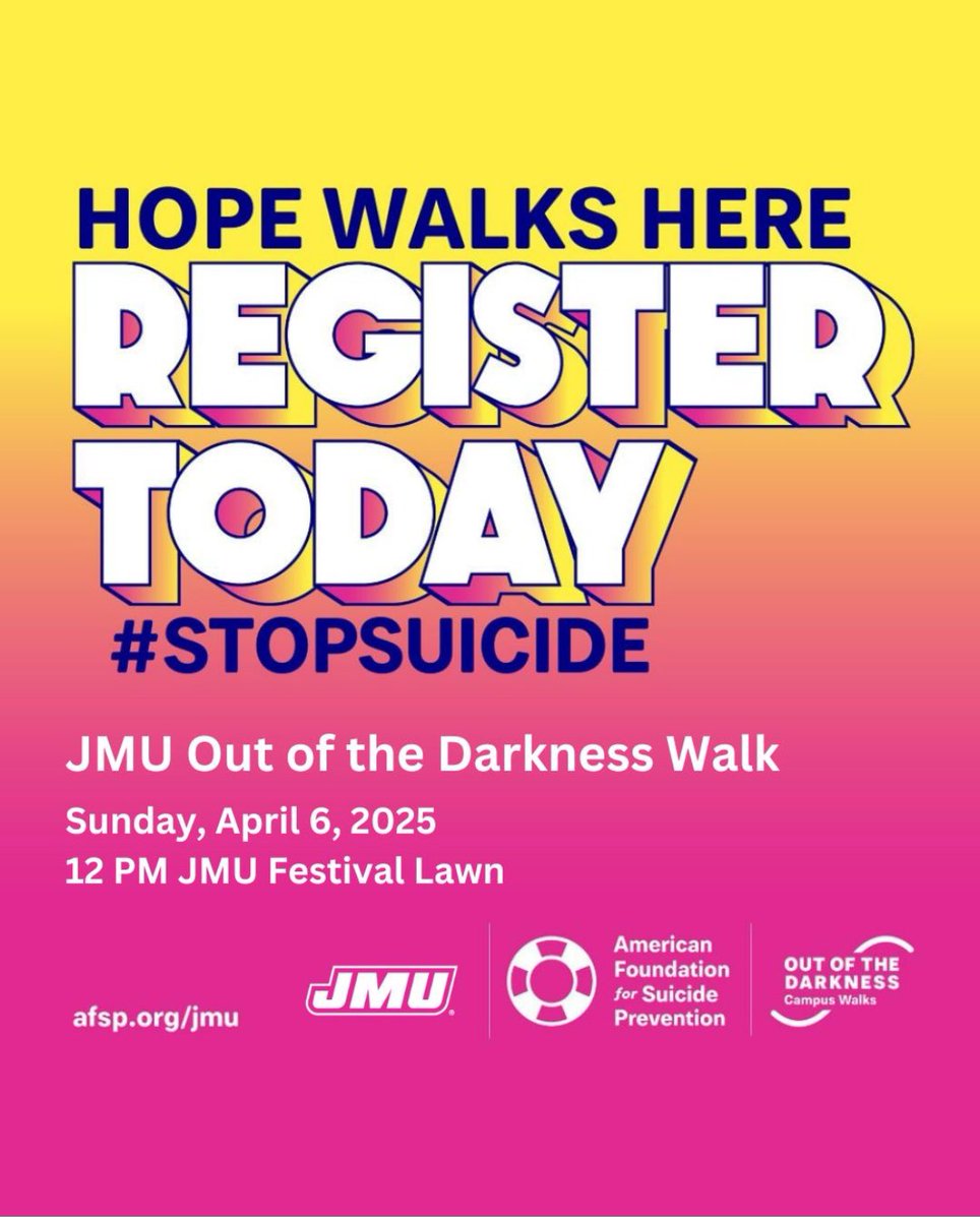 Please consider joining us this Sunday for our annual AFSP Out of Darkness Walk and/or donating. Featuring keynote speaker <a href="/anthonytongen/">Anthony Tongen</a> , our VP for Research at <a href="/JMU/">JMU</a> ! <a href="/JMUresearch/">JMU Research, Economic Development and Innovation</a> <a href="/LabTerror/">Terror Management Lab</a> 

afspwalks.donordrive.com/index.cfm?fuse…