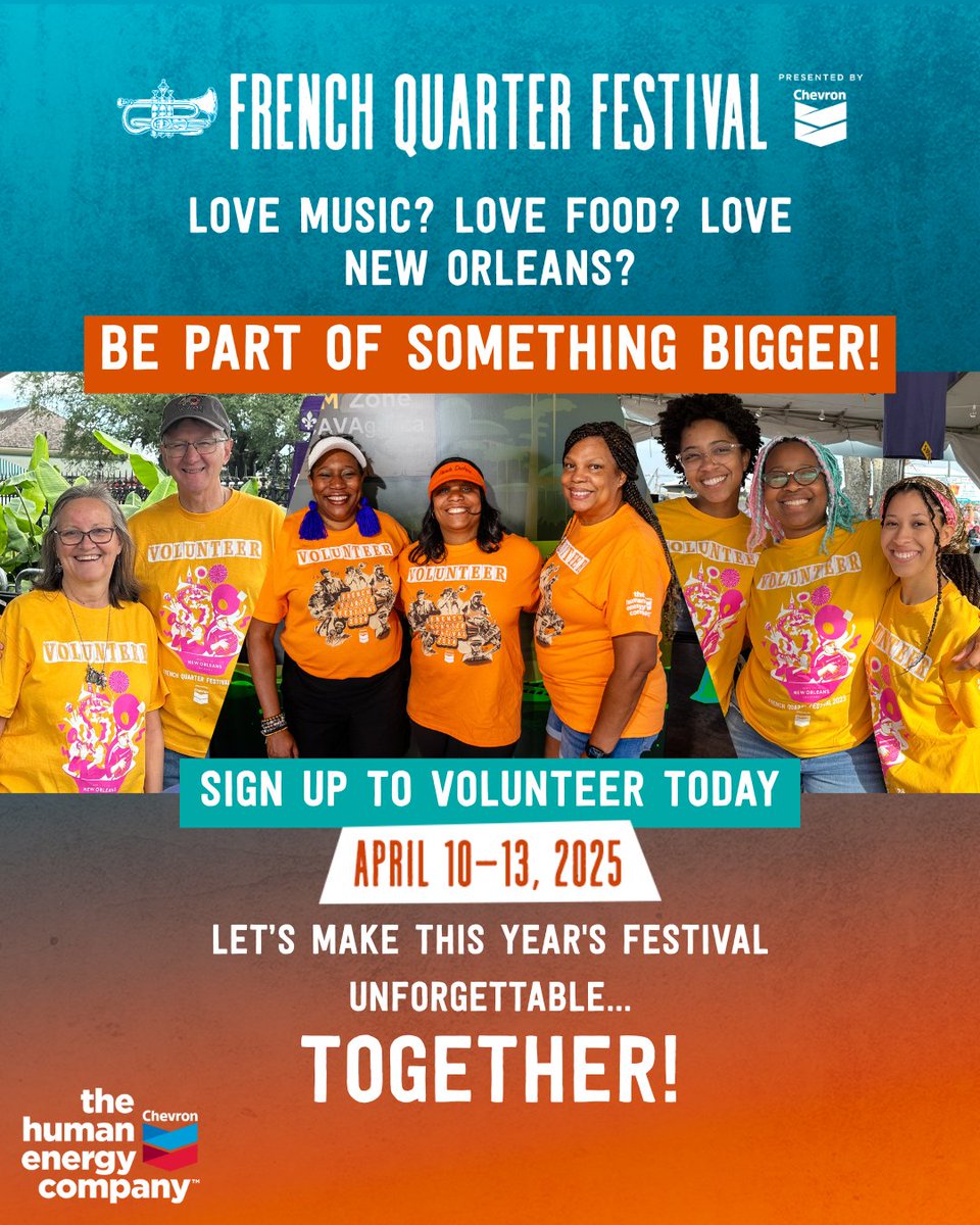 FQFestNOLA's tweet image. Volunteer with us at French Quarter Festival presented by Chevron! 🎉 Connect with the community, experience incredible music, and make lasting memories. 🌟
Perfect for corporate teams, friends, students, and individuals.
Visit frenchquarterfest.org/volunteers for more info.