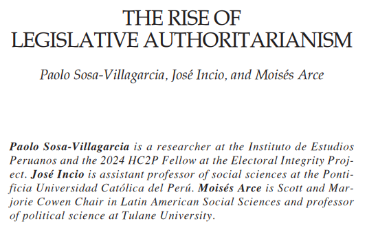 📑 #ArtículoGIES
🎉 Felicitamos a nuestro investigador <a href="/Jlincio/">José Incio, Ph.D</a> (junto con <a href="/paolososa/">Paolo Sosa Villagarcia</a> y #MoisésArce) por la publicación de su artículo “The Rise of Legislative Authoritarianism” 🇵🇪 publicado en <a href="/JoDemocracy/">Journal of Democracy</a>👏🏼

🔗
muse.jhu.edu/article/954567