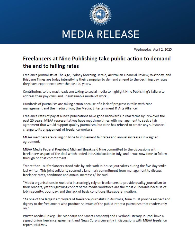 MEAA (@withmeaa) on Twitter photo Media release: Freelance journalists at <a href="/theage/">The Age</a>, <a href="/smh/">The Sydney Morning Herald</a>, <a href="/FinancialReview/">Financial Review</a>, <a href="/WAtoday/">WAtoday</a>, and <a href="/brisbanetimes/">Brisbane Times</a> are today intensifying their campaign to demand an end to the declining pay rates they have experienced over the past 20 years. meaa.io/3Y4CAO3 #MEAAmedia Media release: Freelance journalists at <a href="/theage/">The Age</a>, <a href="/smh/">The Sydney Morning Herald</a>, <a href="/FinancialReview/">Financial Review</a>, <a href="/WAtoday/">WAtoday</a>, and <a href="/brisbanetimes/">Brisbane Times</a> are today intensifying their campaign to demand an end to the declining pay rates they have experienced over the past 20 years. meaa.io/3Y4CAO3 #MEAAmedia