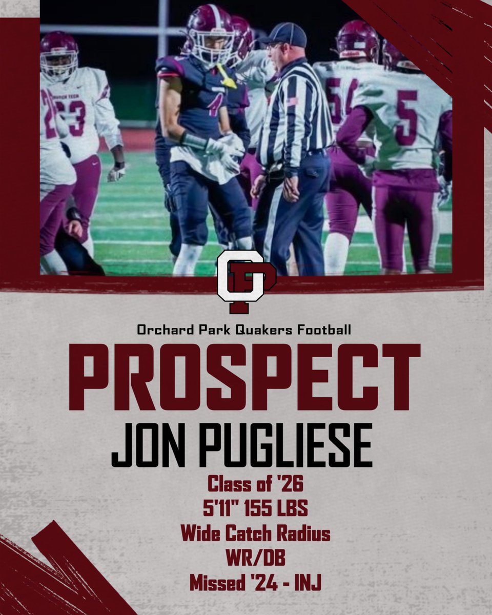 Orchard Park Quakers Football (@opquakersfb) on Twitter photo ⭐️PROSPECT⭐️
<a href="/JonathanPuglie9/">Jonathan Pugliese</a> #4 is a WR/DB who has had strong seasons at the developmental levels for the Quakers!  He looks to bounce back from injury and we are betting on him in #ROAD25!  Takes care of school work too!
HUDL Profile:
hudl.com/profile/178275…
#OPNE ⭐️PROSPECT⭐️
<a href="/JonathanPuglie9/">Jonathan Pugliese</a> #4 is a WR/DB who has had strong seasons at the developmental levels for the Quakers!  He looks to bounce back from injury and we are betting on him in #ROAD25!  Takes care of school work too!
HUDL Profile:
hudl.com/profile/178275…
#OPNE