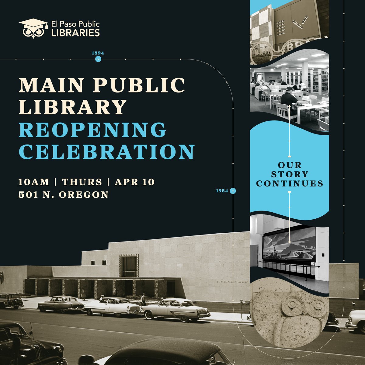 El Paso Public Library (@elpasolibrary) on Twitter photo It’s finally happening! The  Main Library Grand Reopening is here!  Join us Thursday, April 10, at 10 AM as we celebrate with activities, music and so much more!
We can’t wait to welcome you back, see you there!  #GrandOpening #CelebrateWithUs #iamelpaso #elpasopubliclibrary It’s finally happening! The  Main Library Grand Reopening is here!  Join us Thursday, April 10, at 10 AM as we celebrate with activities, music and so much more!
We can’t wait to welcome you back, see you there!  #GrandOpening #CelebrateWithUs #iamelpaso #elpasopubliclibrary