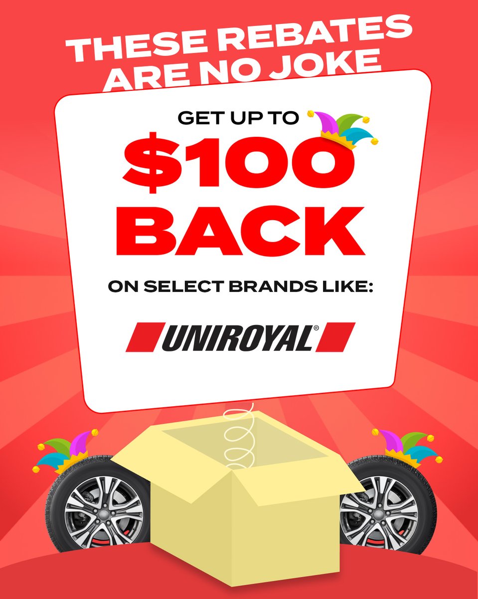 Not gonna lie… we considered announcing square tires today. 😉

But we’ll skip the pranks and just give you REAL rebates on Michelin, Uniroyal, General, and more! 

Shop tire deals and rebates now: zurl.co/eeahX 

#AprilFools #TireDeals #TireRebates #Michelin #Uniroyal