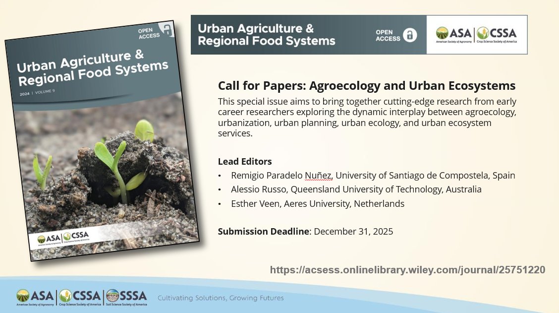 New Call for Papers! 📢Submit your next paper to our special collection on Agroecology and Urban Ecosystems. Learn more: acsess.onlinelibrary.wiley.com/journal/257512…