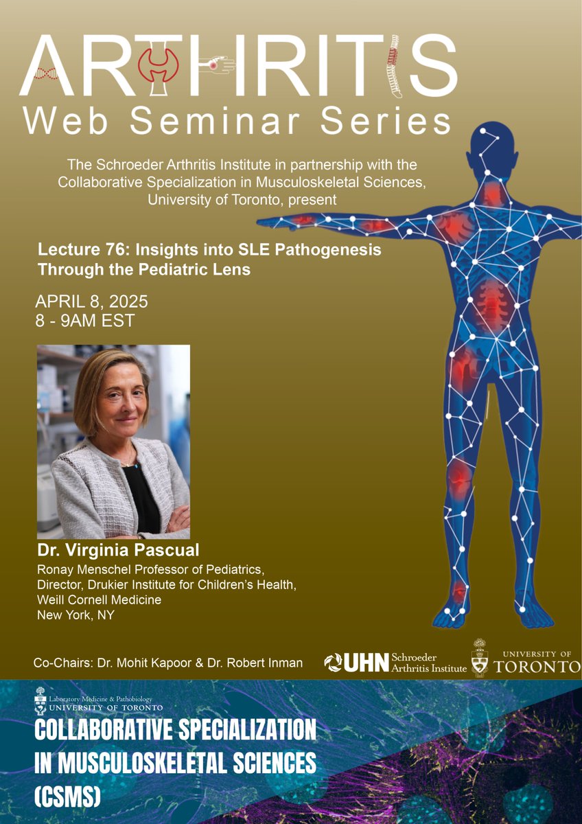Schroeder Arthritis Institute (@schroederinst) on Twitter photo Join our next #Arthritis Web Seminar Series Lecture on APRIL 8, at 8am, by Dr. Virginia Pascual, Ronay Menschel Professor of Pediatrics <a href="/WeillCornell/">Weill Cornell Medicine</a>, presenting on “Insights into SLE Pathogenesis Through the Pediatric Lens.”
-> us02web.zoom.us/j/88054055642?…
Passcode: 908525 Join our next #Arthritis Web Seminar Series Lecture on APRIL 8, at 8am, by Dr. Virginia Pascual, Ronay Menschel Professor of Pediatrics <a href="/WeillCornell/">Weill Cornell Medicine</a>, presenting on “Insights into SLE Pathogenesis Through the Pediatric Lens.”
-> us02web.zoom.us/j/88054055642?…
Passcode: 908525