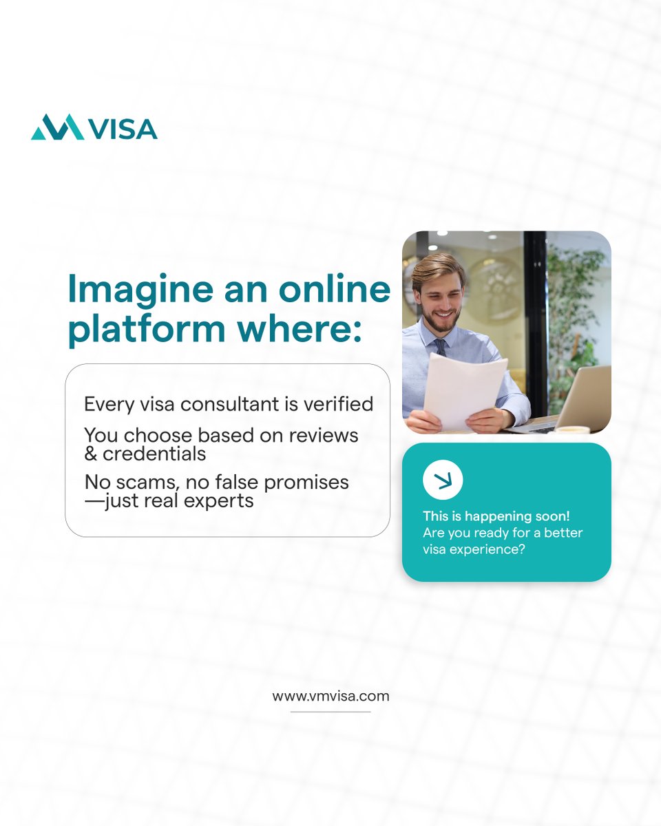 Vm_Visa's tweet photo. A game-changer for visa seekers is coming!

✅ Verified visa consultants
✅ Transparent reviews &amp; credentials
✅ No scams—just real experts

Say goodbye to false promises! Are you ready for a hassle-free visa experience? 🌍

#VisaMadeEasy #NoMoreScams #ComingSoon #VMVisa https://t.co/wC70UWzd8G