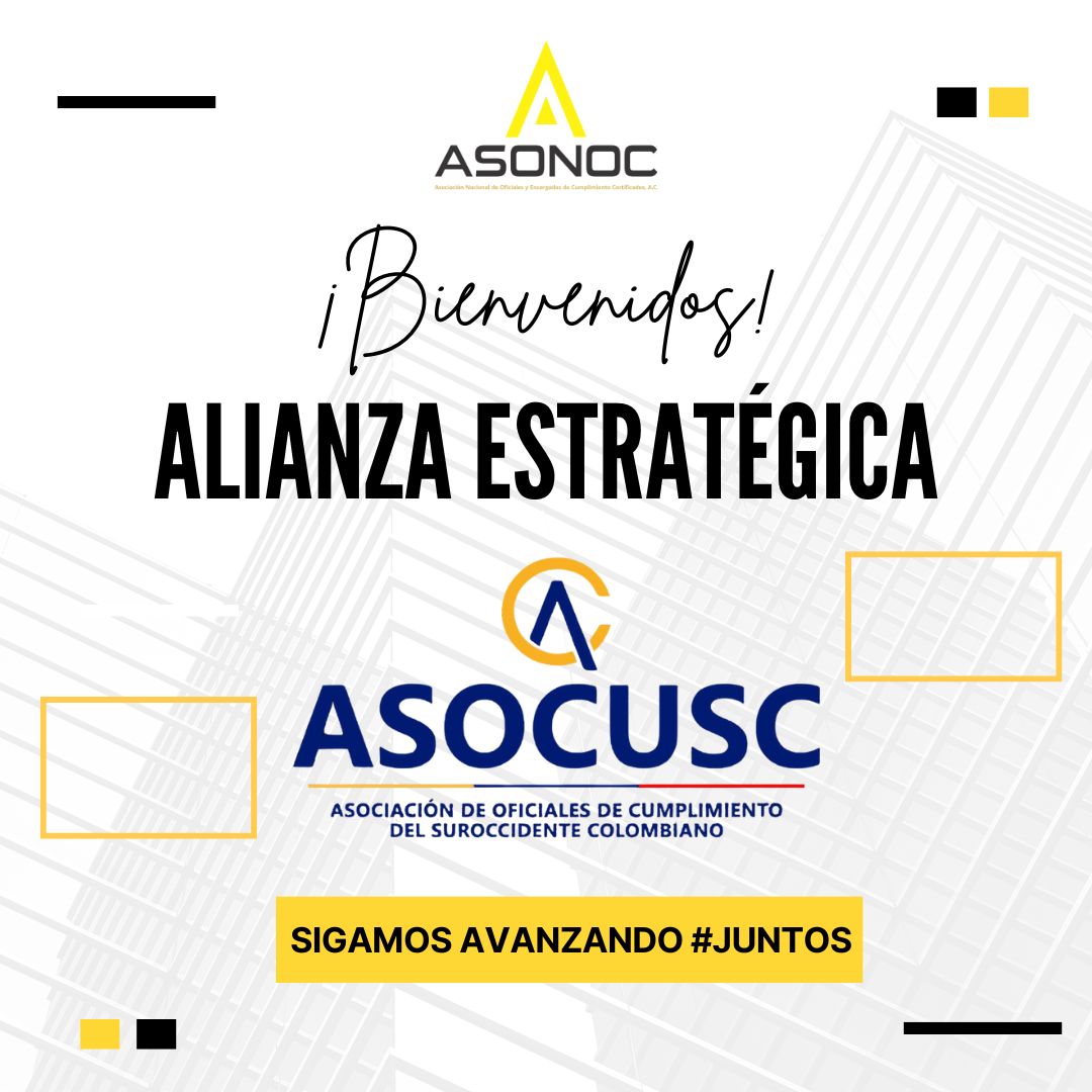 ASONOC1's tweet photo. ¡Nos emociona anunciar nuestra alianza estratégica con ASOCUSC (ASOCIACION DE OFICIALES DE CUMPLIMENTO DEL SUROCCIDENTE COLOMBIANO) en aras de fortalecer el sector PLD/FT y para llevarles las mejores prácticas en compliance!
Bienvenidos a la familia ASONOC!! https://t.co/0uy4pKDvnw
