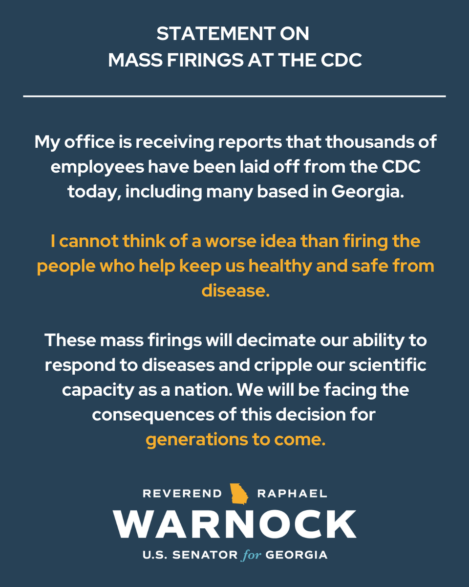 The mass firings that took place at the CDC today leave us all less safe than we were yesterday. This is a disgrace and a grave mistake.