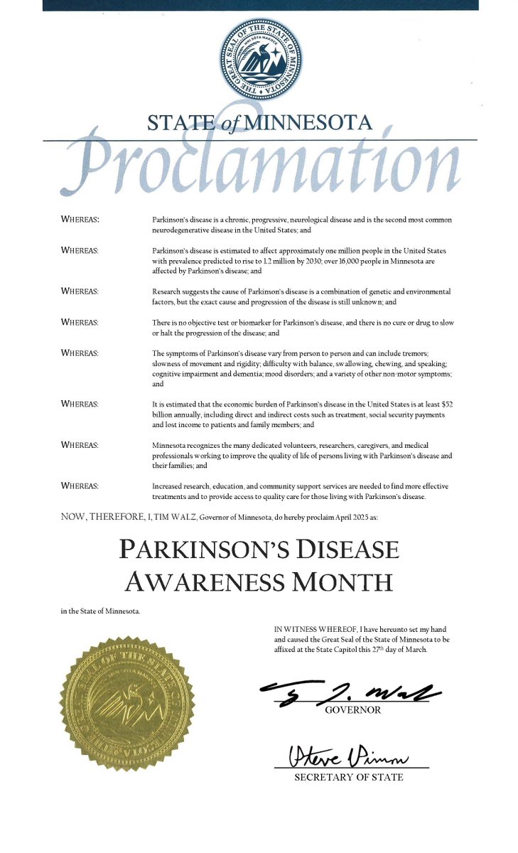 U of MN Udall (@umnudall) on Twitter photo Happy April!
In partnership w/ <a href="/pfminnesota/">Parkinson’s Foundation | MN Chapter</a> and <a href="/APDAParkinsons/">American Parkinson Disease Association</a>
we asked <a href="/GovTimWalz/">Governor Tim Walz</a> and <a href="/LtGovFlanagan/">Lt. Governor Peggy Flanagan</a>
to declare April as #ParkinsonsAwarenessMonth in #Minnesota! To learn more about #PD and what our group is up to, visit us at: udall.umn.edu #OneMinnesota Happy April!
In partnership w/ <a href="/pfminnesota/">Parkinson’s Foundation | MN Chapter</a> and <a href="/APDAParkinsons/">American Parkinson Disease Association</a>
we asked <a href="/GovTimWalz/">Governor Tim Walz</a> and <a href="/LtGovFlanagan/">Lt. Governor Peggy Flanagan</a>
to declare April as #ParkinsonsAwarenessMonth in #Minnesota! To learn more about #PD and what our group is up to, visit us at: udall.umn.edu #OneMinnesota