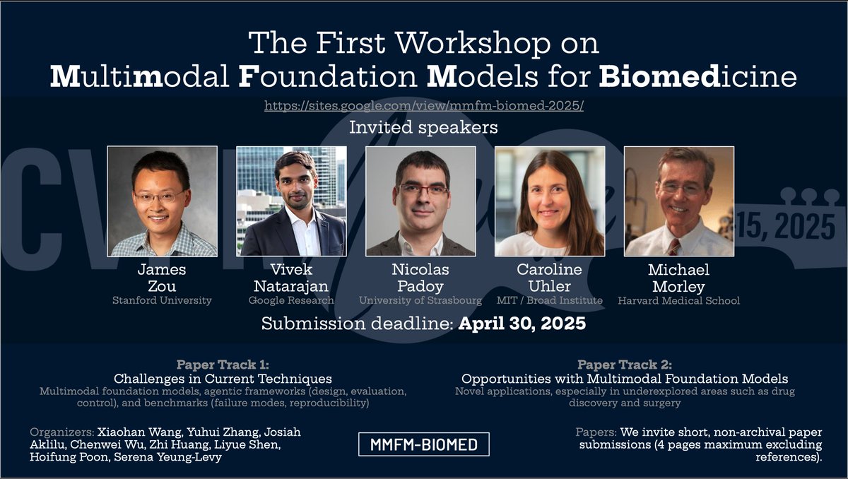 Xiaohan Wang (@xiaohanwang96) on Twitter photo šØ Excited to co-organize our <a href="/CVPR/">#CVPR2025</a> workshop on "Multimodal Foundation Models for Biomedicine: Challenges and Opportunities" ā where vision, language, and health intersect!
Weāre bringing together experts from #CV, #NLP, and #healthcare to explore:
š§ Technical challenges (e.g. šØ Excited to co-organize our <a href="/CVPR/">#CVPR2025</a> workshop on "Multimodal Foundation Models for Biomedicine: Challenges and Opportunities" ā where vision, language, and health intersect!
Weāre bringing together experts from #CV, #NLP, and #healthcare to explore:
š§ Technical challenges (e.g.