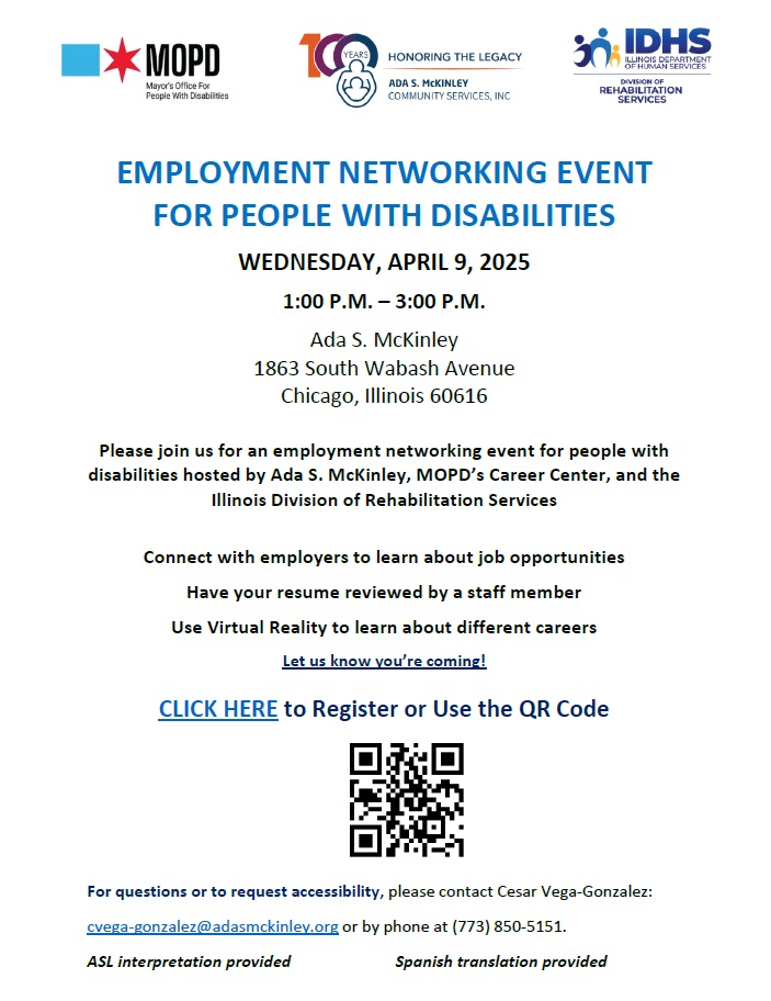 On April 9th we will be joining the <a href="/MOPDChicago/">MOPD Chicago</a> Career Center and the Illinois Division of Rehabilitation Services for this Employment Networking Event for People with Disabilities. Use the QR Code to Register or Click Here --- > forms.office.com/g/fGW95k0MpL.