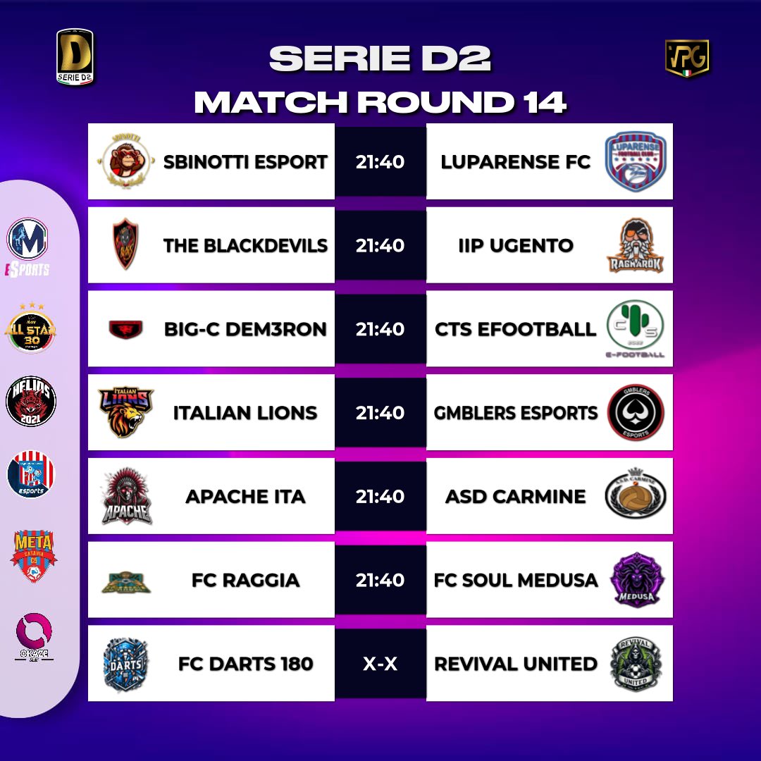 🏆 VPG Italia
⚽️ Serie C1/C2
⚽️ Serie D1/D2
📊 Accoppiamenti
📅 Giornata 14

Main sponsor
<a href="/EsportsMartina/">Martina eSports</a>
Sponsor
<a href="/OkazeArt/">Okaze.Art</a> 
<a href="/eMetaCatania/">eMeta Catania</a>
@Helios_ps5
<a href="/OlympicSaEsp/">Olympic Salerno eSports</a>
@MGV_ALL_STAR_30
Grafic by
<a href="/ErQuinto5/">ErQUINTO🔥 QUINTOKAZEKAGE</a>
