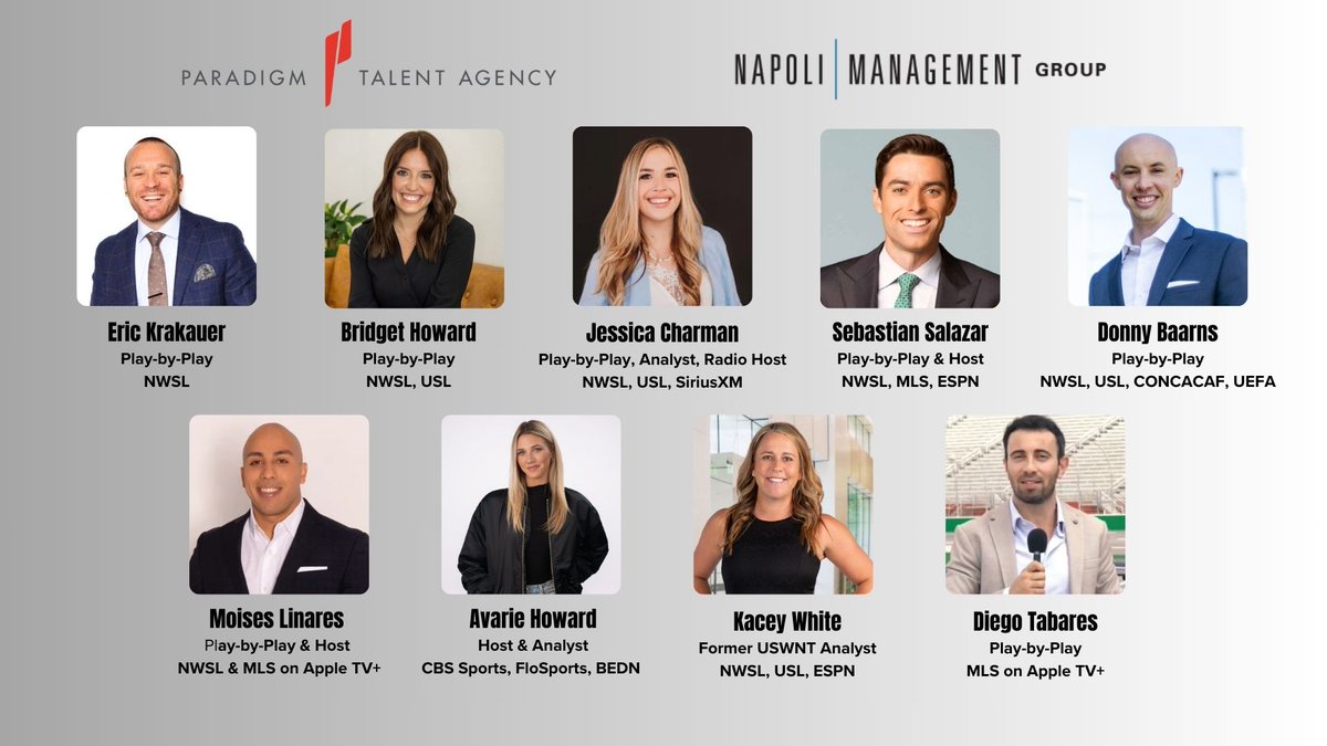 Napoli Management (@napolimgmt) on Twitter photo The <a href="/MLS/">Major League Soccer</a> and <a href="/NWSL/">National Women’s Soccer League</a> seasons are in full swing! Here’s a look at our clients who you might hear on various soccer broadcasts over the summer. ⚽️
#napolimanagementgroup #paradigmtalentagency #paradigmmediaentertainment #mls #nwsl The <a href="/MLS/">Major League Soccer</a> and <a href="/NWSL/">National Women’s Soccer League</a> seasons are in full swing! Here’s a look at our clients who you might hear on various soccer broadcasts over the summer. ⚽️
#napolimanagementgroup #paradigmtalentagency #paradigmmediaentertainment #mls #nwsl